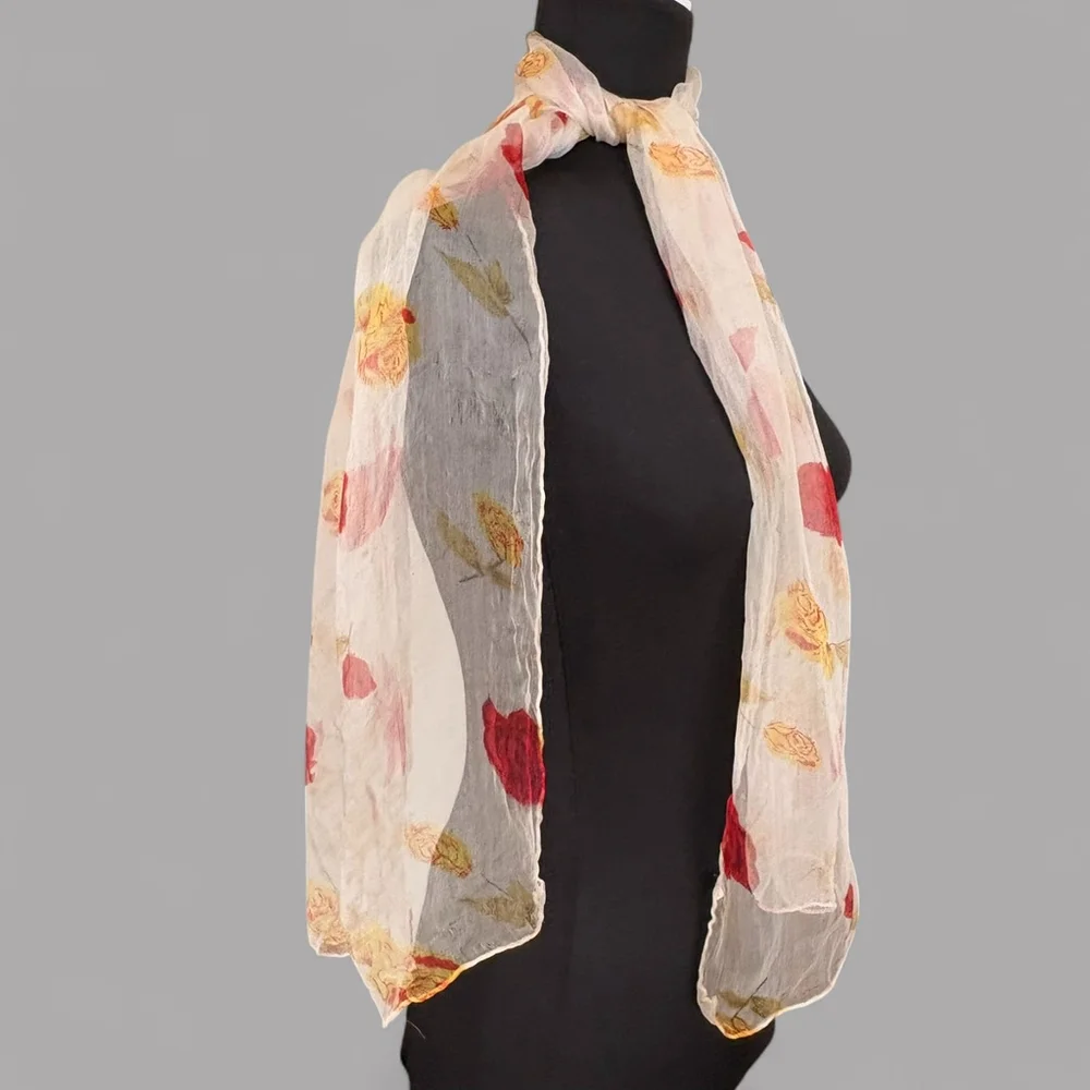 1950s Silk Scarf Cream Floral Rose Sheer